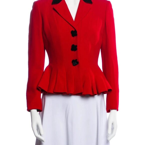 Moschino Red Peplum Black Velvet Trim Ace Spade Jacket 8 ALICE WONDERLAND BLAZER - Picture 7 of 15